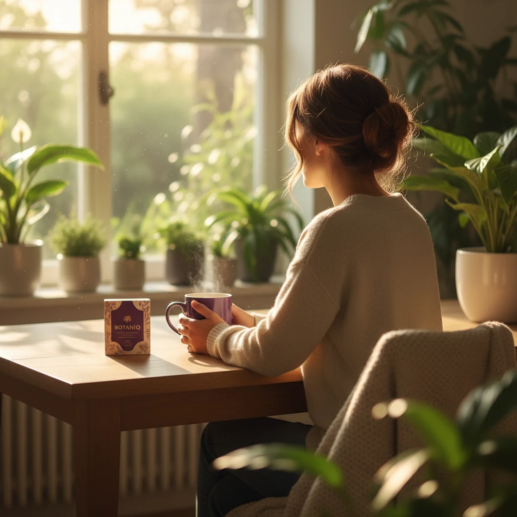 Person enjoying a quiet morning wellness ritual with a warm drink, natural energy supplement morning routine UK
